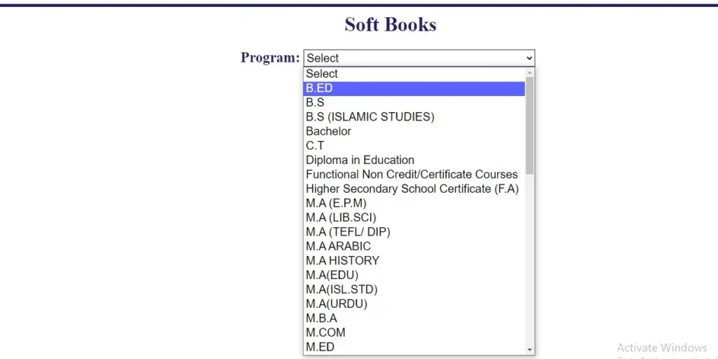 select program for aiou soft books